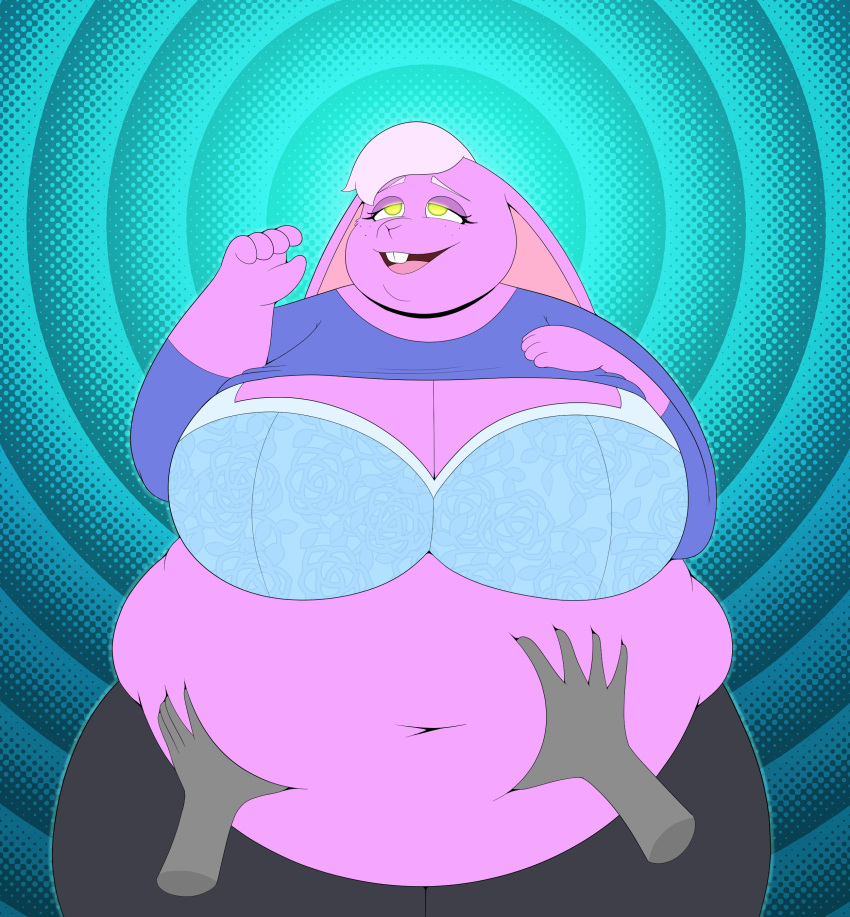 2020 4_fingers absurd_res anthro belly big_belly big_breasts bra breasts buckteeth clothed clothing dr._chaos duo eye_roll eyeshadow female fingers flat_colors fondling fur glowing glowing_eyes grabbing_belly hair hi_res lagomorph leporid makeup mammal morbidly_obese morbidly_obese_anthro morbidly_obese_female navel obese obese_anthro obese_female open_mouth overweight overweight_anthro overweight_female partially_clothed pink_body pink_fur rabbit solo_focus teeth underwear white_hair