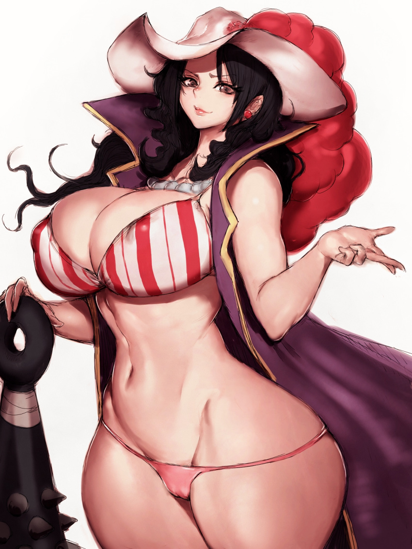 1girl alvida black_hair breasts brown_eyes cape cleavage club covered_nipples curvy earrings fumio_(rsqkr) hat highres huge_breasts jewelry lips long_hair looking_at_viewer navel necklace one_piece pearl_necklace simple_background skindentation smile solo weapon white_background wide_hips