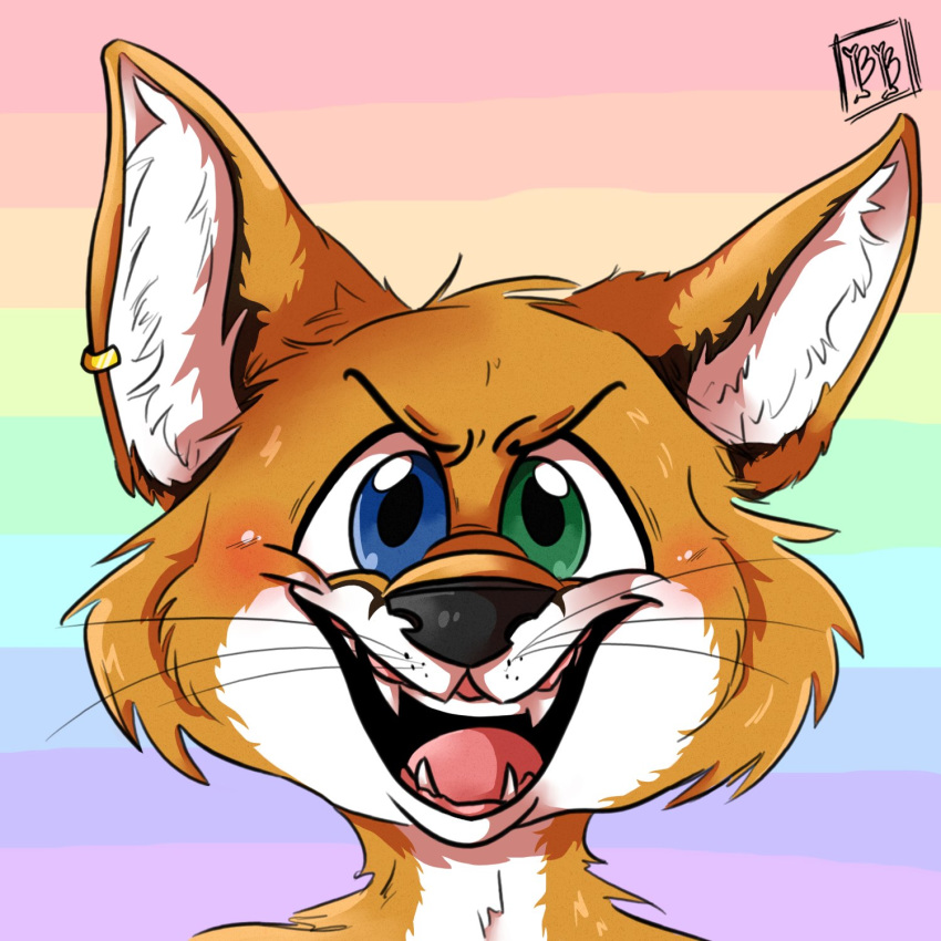 1:1 alexander_the_fox anthro black_nose blue_eyes blush bonybones canid canine digital_media_(artwork) ear_piercing ear_ring eyebrows fox fur green_eyes headshot_portrait hi_res inner_ear_fluff lgbt_pride looking_at_viewer male mammal orange_body orange_fur piercing portrait pride_colors rainbow rainbow_background shading_eyes signature simple_background smile solo teeth teeth_showing tuft whiskers white_body white_fur