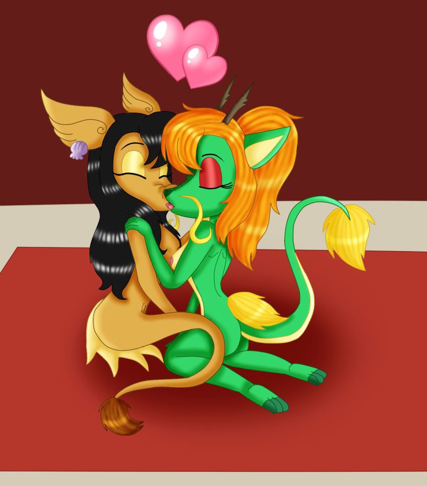 &lt;3 anthro asian_mythology black_hair blonde_hair breasts dragon duo ear_piercing ear_ring east_asian_mythology eastern_dragon eyes_closed eyeshadow fan_character female female/female french_kissing genitals green_body green_scales hair hi_res horn kaida_ryuko kendratheshinyeevee kissing legless leilani_(kendratheshinyeevee) makeup making_out multicolored_body multicolored_scales mythology nipples nude piercing ponytail pussy scales scalie tail_tuft tan_body tan_scales tuft whiskers xiaolin_showdown yellow_body yellow_scales