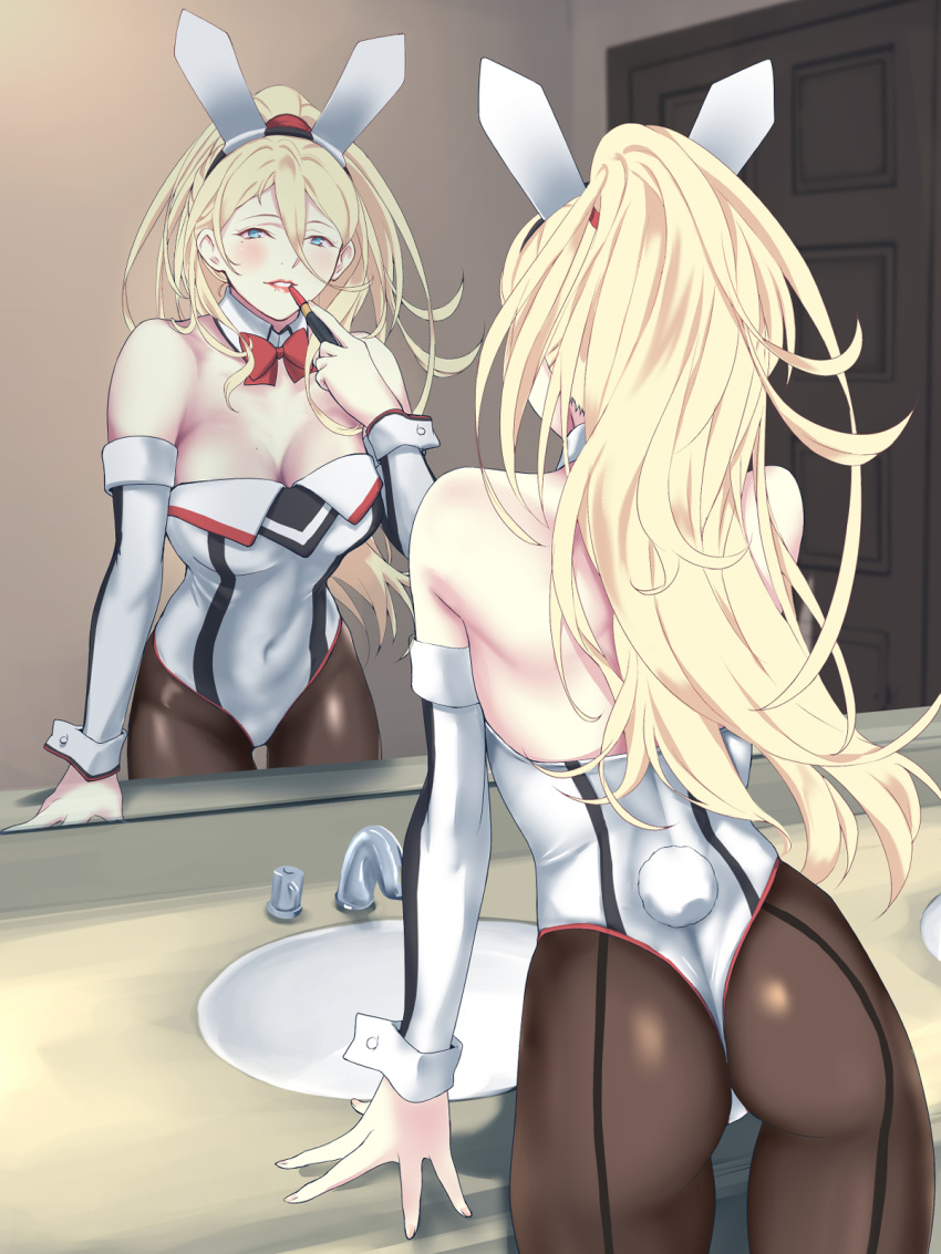 1girl adapted_costume ass back-seamed_legwear bare_shoulders black_legwear blonde_hair blue_eyes blush breasts bunny_day bunny_tail bunnysuit cleavage commentary_request contrapposto covered_navel cowboy_shot detached_sleeves faucet hair_between_eyes highres kantai_collection leotard lipstick lipstick_tube long_hair makeup mirror pantyhose ponytail red_lipstick reflection richelieu_(kantai_collection) seamed_legwear shingyo silver_leotard sink solo strapless strapless_leotard tail thong_leotard