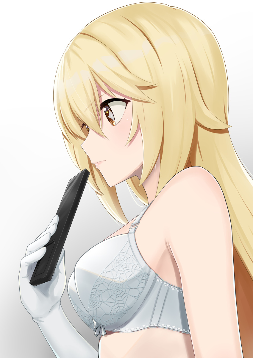 1girl absurdres bangs blonde_hair bra breasts brown_eyes elbow_gloves eyebrows_visible_through_hair gloves hair_between_eyes highres holding k-ya. long_hair medium_breasts shiny shiny_hair shokuhou_misaki simple_background solo to_aru_majutsu_no_index underwear underwear_only upper_body white_background white_bra white_gloves