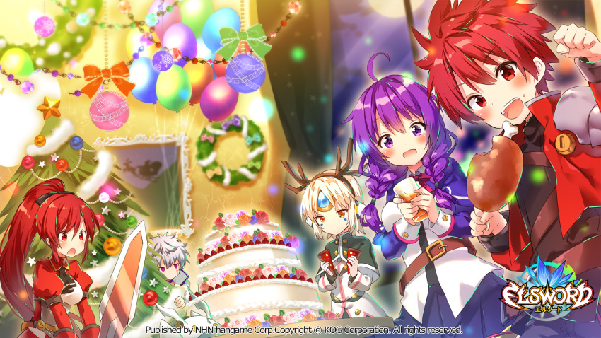 2boys 3girls add_(elsword) aisha_landar alternate_costume antlers balloon cake christmas christmas_tree drinking drone eating elesis_(elsword) elsword elsword_(character) eve_(elsword) eyebrows_visible_through_hair food highres multiple_boys multiple_girls official_art open_mouth party_popper poker_face reindeer_antlers remy_(elsword) smile stalking sword weapon