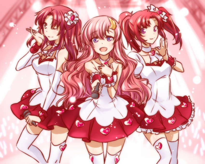 3girls :d ;) blue_eyes blurry blurry_background brown_eyes choker collarbone detached_sleeves flay_allster floating_hair frilled_skirt frills gundam gundam_seed gundam_seed_destiny hair_intakes heart heart_choker highres holding holding_microphone idol lacus_clyne long_hair long_sleeves looking_at_viewer meyrin_hawke microphone miniskirt morihaw multiple_girls one_eye_closed open_mouth pink_background pink_eyes pink_hair pink_theme pleated_skirt red_hair red_skirt shiny shiny_hair shirt short_sleeves skirt smile stage standing strapless thighhighs very_long_hair white_choker white_legwear white_shirt white_sleeves zettai_ryouiki