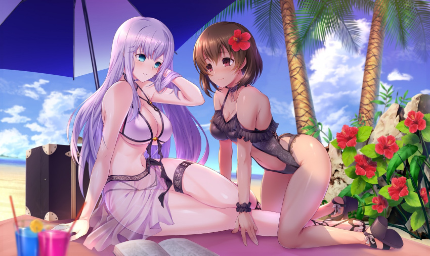 2girls alexandra_(suzuame_yatsumi) all_fours arm_support bangs bare_shoulders beach bikini black_swimsuit blue_eyes blush breasts brown_hair choker commission commissioner_upload dark_skin day emanon123 flower frilled_swimsuit frills hair_flower hair_ornament hand_on_own_cheek hibiscus lavender_bikini long_hair looking_at_another multiple_girls navel original outdoors purple_hair red_eyes sandals sarong see-through shalifa_(suzuame_yatsumi) short_hair sidelocks stomach swimsuit thigh_strap thighs