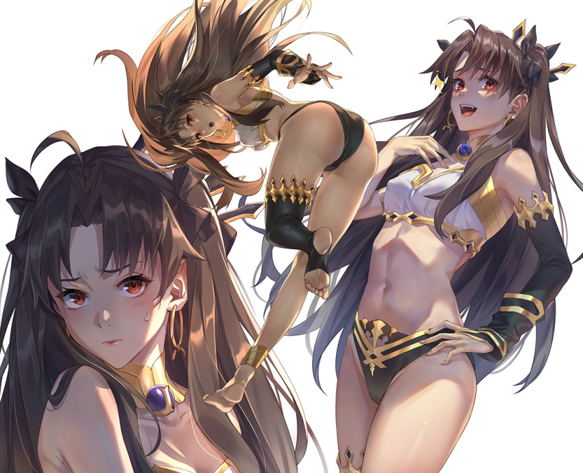 1girl ahoge anklet armlet ass asymmetrical_legwear asymmetrical_sleeves backlighting bangs bare_shoulders bikini black_bow blush bow breasts brown_hair cleavage closed_mouth collarbone detached_sleeves earrings fate/grand_order fate_(series) feet gold_trim hair_bow hand_on_hip hand_on_own_chest highleg highleg_bikini hoop_earrings ishtar_(fate)_(all) ishtar_(fate/grand_order) jewelry legs long_hair looking_at_viewer medium_breasts mismatched_bikini multiple_views navel neck_ring open_mouth parted_bangs red_eyes simple_background single_detached_sleeve single_thighhigh smile soles sparkle swimsuit thighhighs tiara tight_(ohmygod) two_side_up white_background