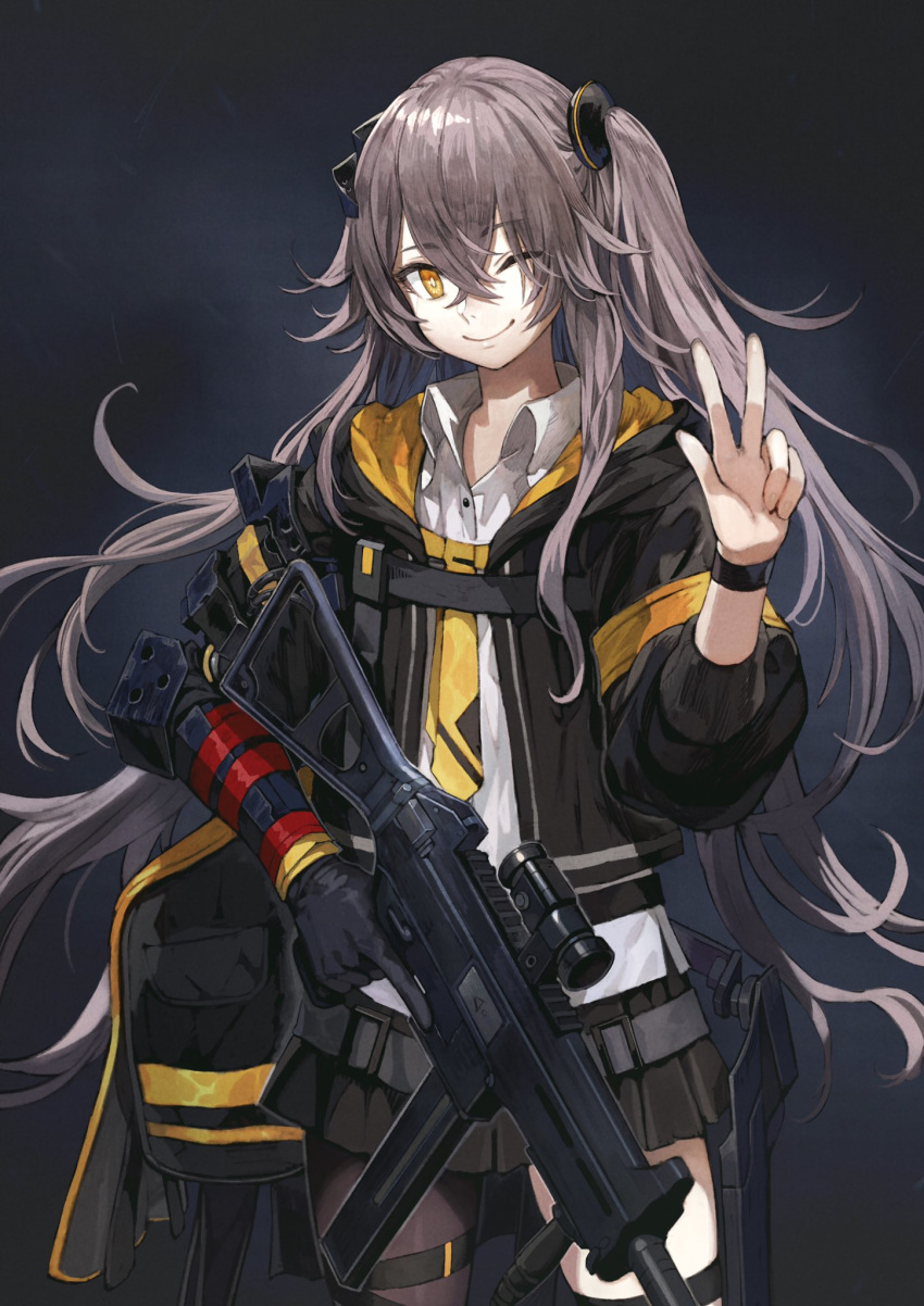 1girl asymmetrical_legwear bag bangs black_background black_gloves black_jacket black_legwear black_skirt black_wristband brown_hair collared_shirt commentary_request cowboy_shot facing_viewer girls_frontline gloves gun h&amp;k_ump hair_between_eyes hair_ribbon heckler_&amp;_koch highres holding holding_gun holding_weapon hood hood_down hooded_jacket jacket jun_(seojh1029) long_hair looking_at_viewer mechanical_arm mod3_(girls_frontline) necktie one_eye_closed open_clothes open_jacket prosthesis prosthetic_arm ribbon scar scar_across_eye shirt single_glove skirt smile solo submachine_gun trigger_discipline tsurime ump45_(girls_frontline) untucked_shirt v vertical_foregrip weapon white_shirt wristband yellow_eyes