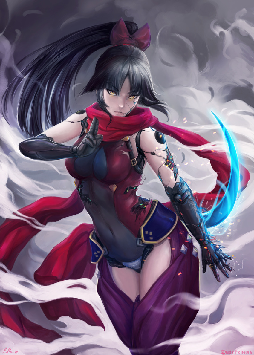 1girl android artist_name black_hair blade breasts cleavage crack eyebrows_visible_through_hair fate/grand_order fate_(series) highres katana katou_danzou_(fate/grand_order) long_hair mechanical_arm midriff navel notprimula petals ponytail pose red_ribbon red_scarf ribbon robot scarf signature smoke solo sword thighs torn_clothes weapon yellow_eyes