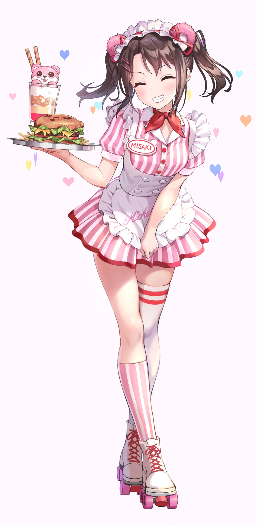 1girl ^_^ absurdres alternate_hairstyle animal_ears apron apron_tug asymmetrical_legwear bang_dream! bangs bear_ears black_hair character_name closed_eyes collared_dress commentary_request dress fake_animal_ears food frilled_apron frilled_hairband frills full_body gen_(gen_m_gen) grin hair_ornament hairband hairclip hairpin hamburger heart highres kneehighs michelle_(bang_dream!) mismatched_legwear name_tag neckerchief okusawa_misaki parfait pink_dress pink_legwear red_neckwear roller_skates short_sleeves sidelocks single_kneehigh single_thighhigh skates smile solo striped striped_legwear thighhighs twintails vertical-striped_dress vertical-striped_legwear vertical_stripes waitress white_legwear