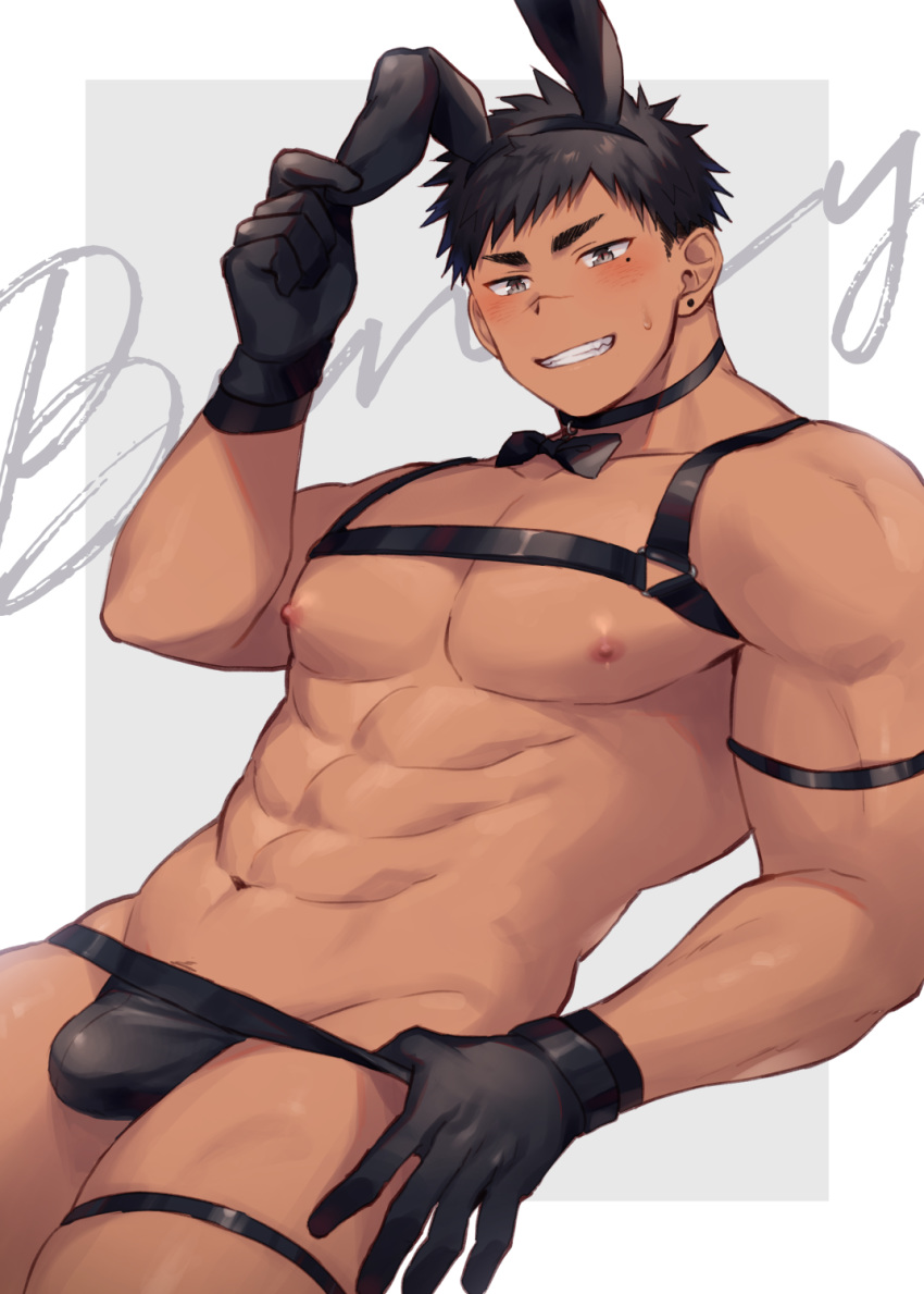 1boy abs animal_ears bara black_hair blush bow bowtie bulge bunny_boy bunny_ears bunnysuit chest crossdressing dark_skin dark_skinned_male fake_animal_ears gloves grey_eyes haozz highres looking_at_viewer male_focus muscle navel original pectorals revealing_clothes smile solo upper_body