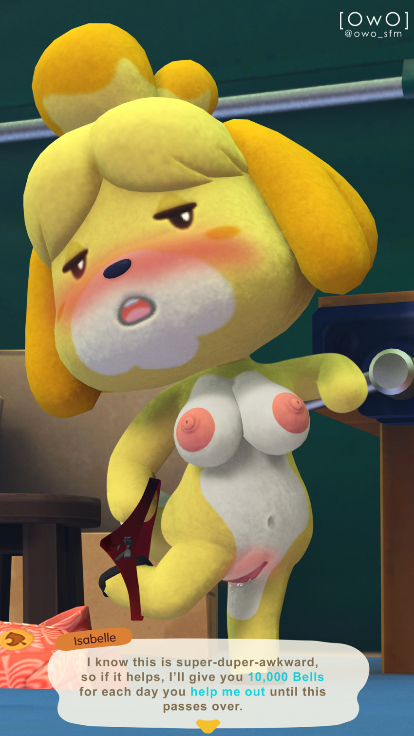 3d_(artwork) 9:16 animal_crossing anthro black_eyes blush bodily_fluids breasts canid canine canis clothing dialogue digital_media_(artwork) domestic_dog english_text erect_nipples exposed_breasts female footwear fur gameplay_mechanics genital_fluids genitals hi_res in_heat inside isabelle_(animal_crossing) looking_at_viewer mammal navel nintendo nipples open_mouth owo_sfm panties panties_around_one_leg pussy pussy_blush pussy_juice red_clothing red_panties red_underwear shoes solo source_filmmaker text underwear underwear_around_one_leg undressing video_games wet wet_clothing wet_panties wet_underwear white_body white_fur yellow_body yellow_fur