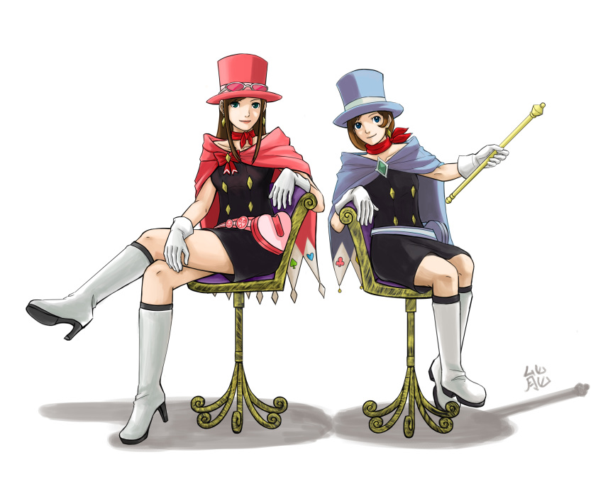 2girls absurdres black_skirt blue_eyes blue_headwear boots brown_hair cape chair club_(shape) crossed_legs earrings eyewear_on_head eyewear_removed gloves gyakuten_saiban gyakuten_saiban_4 hat heart highres houzuki_akane jewelry knee_boots long_hair looking_at_viewer magician multiple_girls naruhodou_minuki noh_masked pink_cape pink_headwear red_neckwear scarf short_hair sidelocks simple_background sitting skirt smile spade_(shape) top_hat wand white_background white_footwear white_gloves