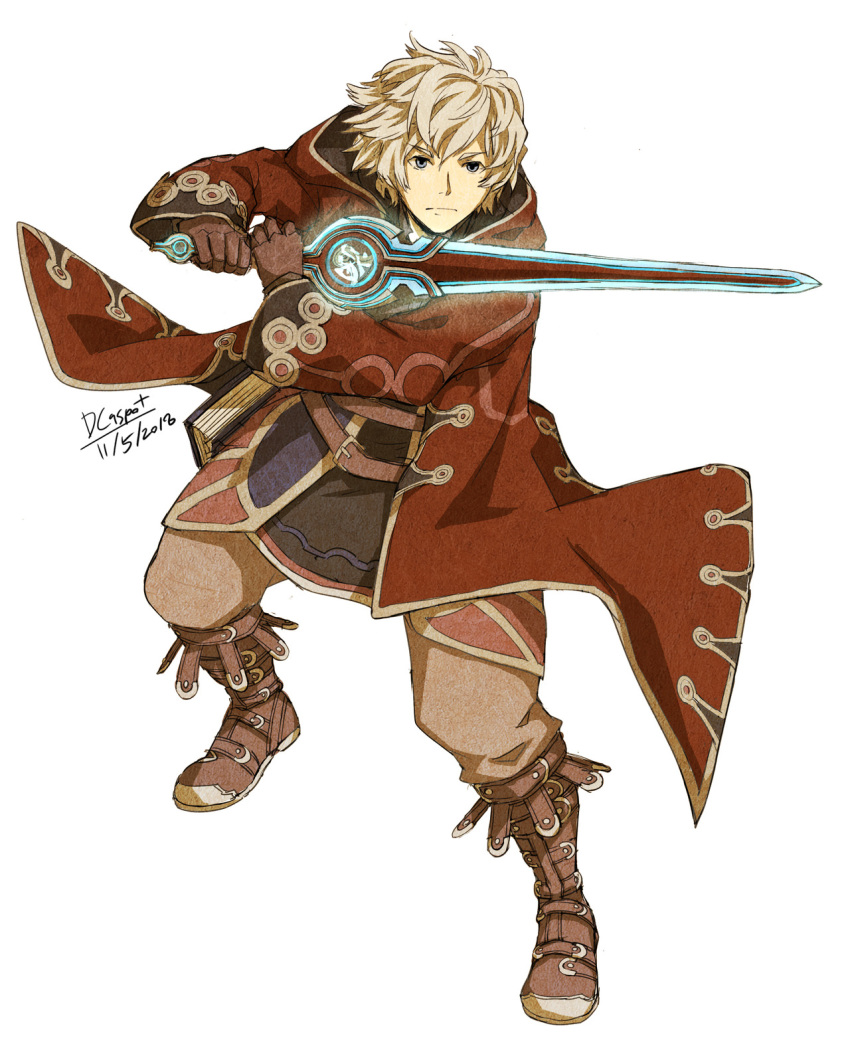 1boy adapted_costume adapted_weapon belt blonde_hair book boots dc9spot fire_emblem fire_emblem_awakening full_body highres holding holding_sword holding_weapon monado shulk solo sword two-handed weapon xenoblade_(series) xenoblade_1