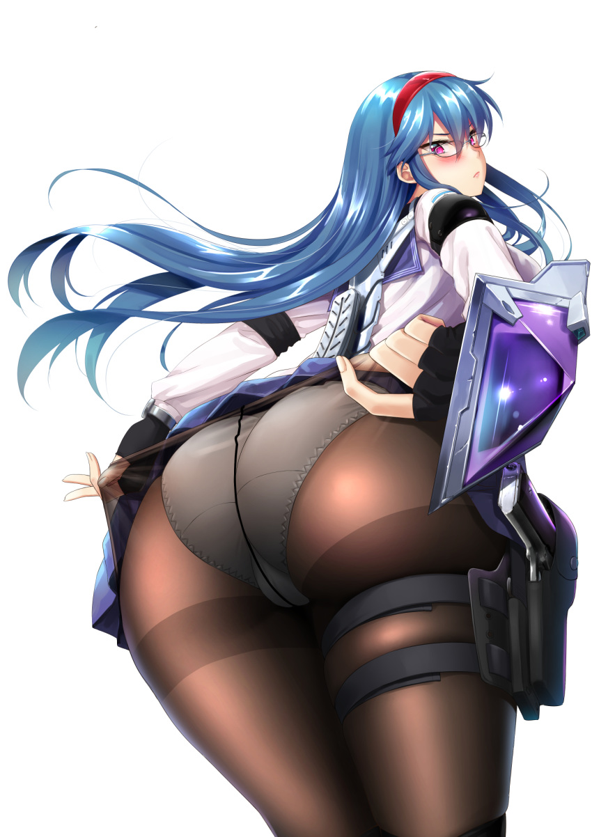 1girl ass bangs blue_hair blush breasts crotch_seam exoskeleton fingerless_gloves from_behind gakuen_taisen_valkyries glasses gloves grey-framed_eyewear hairband highres holster large_breasts long_hair long_sleeves looking_at_viewer looking_back nanashi_no_touhoku_kenjin panties panties_day panties_under_pantyhose pantyhose pantyhose_tug red_eyes sabra_greengold shirt skirt skirt_lift solo thigh_holster thighband_pantyhose underwear white_panties