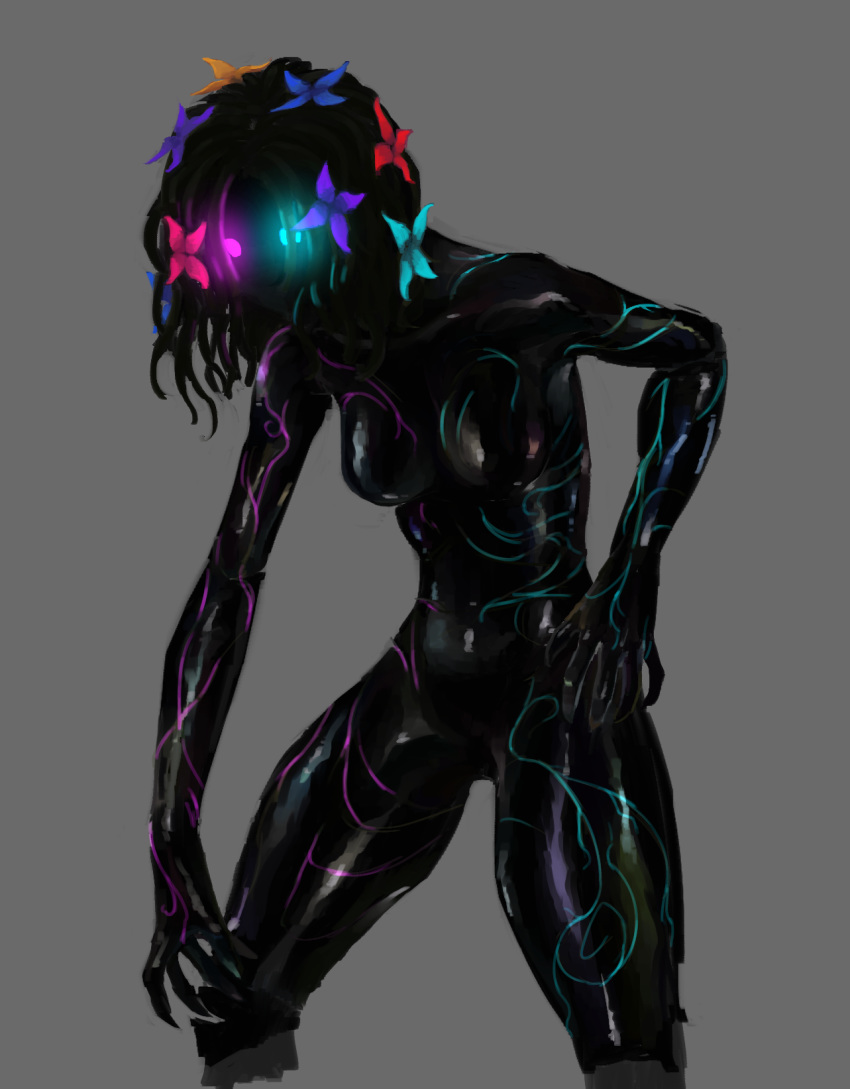 2020 5_fingers accessory biped black_body blue_eyes blue_markings breasts digital_media_(artwork) dryad featureless_breasts featureless_crotch female fingers flower flower_in_hair front_view grey_background hair hair_accessory heterochromia hi_res humanoid long_hair markings napalm_express nude pink_eyes pink_markings plant portrait simple_background solo standing taro_(gtg3000) three-quarter_portrait