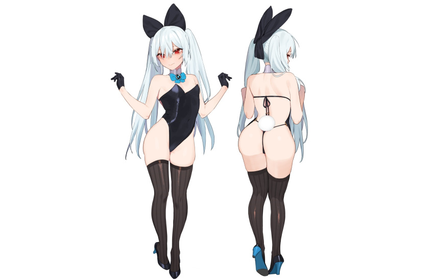 anthropomorphism ass bow bunnygirl girls_frontline gloves gray_hair juz leotard long_hair red_eyes tail thighhighs third-party_edit tokarev_(girls_frontline) twintails white