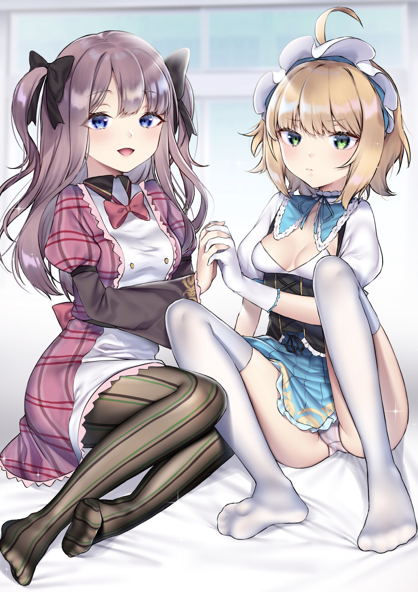 2girls :d absurdres ahoge bangs bed_sheet black_bow blonde_hair blue_eyes blue_oath blue_ribbon blue_skirt blush bow breasts brown_hair brown_legwear buta_tamako closed_mouth collared_dress commentary_request dress eyebrows_visible_through_hair gloves green_eyes hair_bow highres holding_hands interlocked_fingers knees_up long_hair long_sleeves looking_at_viewer medium_breasts multiple_girls neck_ribbon no_shoes open_mouth panties pink_dress pleated_skirt puffy_short_sleeves puffy_sleeves red_bow ribbon saumarez_(blue_oath) savage_(blue_oath) short_over_long_sleeves short_sleeves skirt small_breasts smile soles striped striped_legwear thighhighs two_side_up underwear vertical-striped_legwear vertical-striped_panties vertical_stripes white_gloves white_panties wide_sleeves window