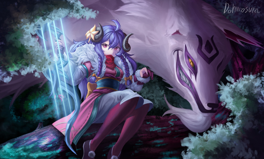 1girl absurdres ahoge alternate_costume alternate_hair_color alternate_hairstyle artist_name bow braid commentary_request flower forest gloves hair_between_eyes hair_bow hair_flower hair_ornament highres horns in_tree kindred korean_commentary lamb_(league_of_legends) league_of_legends long_hair looking_at_viewer nature open_eyes outdoors purple_eyes purple_hair red_gloves signature sitting sitting_in_tree spirit_blossom_kindred tree tuhua_shouluo_(dohwasura) twin_braids wolf_(league_of_legends) yellow_bow