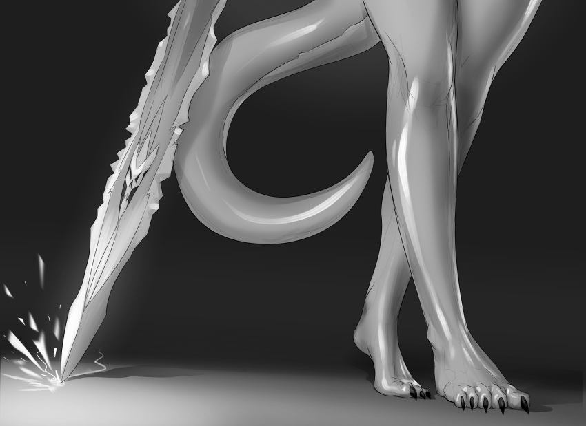2020 anthro barefoot claws demonic dragging feet female foot_focus hi_res humanoid melee_weapon monochrome nude raised_heel scales scalie simple_background solo swameliz sword toe_claws toes walking weapon