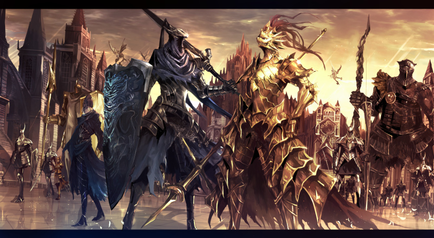 2girls 3boys 6+others absurdres armor armored_dress artorias_the_abysswalker blue_capelet bow_(weapon) braid breastplate building capelet castle church cloud cloudy_sky commentary_request dark_souls dragon_slayer_ornstein faulds feet_out_of_frame full_armor full_body gargoyle gauntlets glint gold_armor greatsword greaves hawkeye_gough helmet highres holding holding_bow_(weapon) holding_shield holding_spear holding_sword holding_weapon hood horned_helmet lady_of_the_darkling leg_armor light_rays looking_away lord's_blade_ciaran mask mono_(jdaj) multiple_boys multiple_girls multiple_others over_shoulder pauldrons plate_armor plume polearm ponytail sentinel_(dark_souls) shield shoulder_armor silver_knight_(dark_souls) single_braid sky souls_(from_software) spear standing sunlight surcoat sword tower vambraces weapon