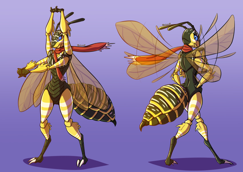 absurd_res anthro arthropod arthropod_abdomen clothing female friendly gradient_background hi_res hymenopteran insect limb multilimb simple_background sting stinger thorax toony topwear vespid wasp yellowjacket_(wasp)