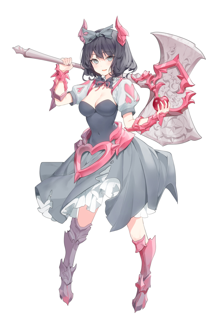 1girl apple arm_up armored_boots axe battle_axe black_hair boots bow bowtie breasts cleavage covered_navel dress food fruit full_body grey_dress grey_eyes hair_bow highres holding holding_axe holding_food holding_fruit horns knee_boots looking_at_viewer medium_breasts original over_shoulder parted_lips ronopu short_hair short_sleeves simple_background smile solo weapon weapon_over_shoulder white_background