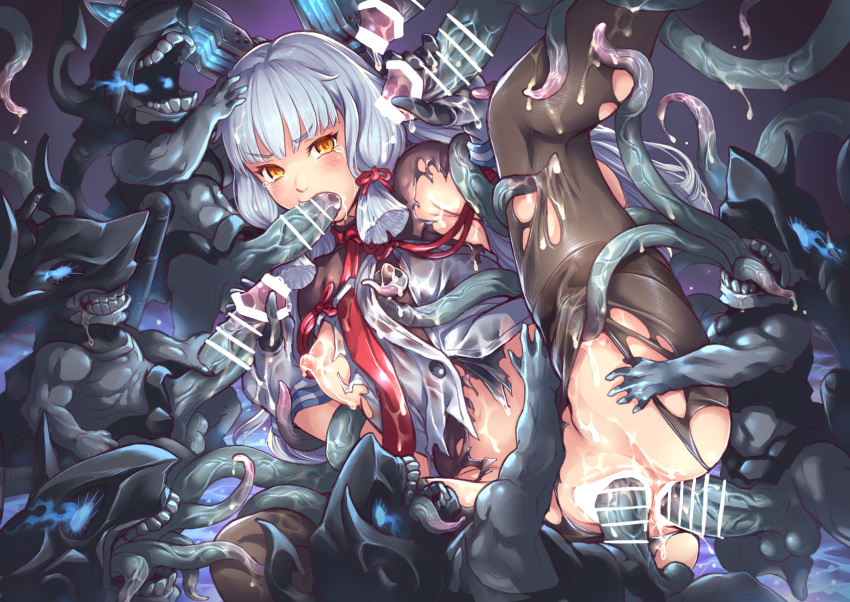 1girl anal breasts clothed_sex commission crying crying_with_eyes_open cum cum_on_body dress eyebrows_visible_through_hair fellatio floating_headgear gloves group_sex handjob hetero highres kantai_collection lactation lactation_through_clothes leg_up long_hair medium_breasts murakumo_(kantai_collection) necktie nipples oral orange_eyes pantyhose penis pt_imp_group puffy_nipples rape remodel_(kantai_collection) sex silver_hair skeb_commission tears tentacle_sex tentacles thighband_pantyhose torn_clothes torn_dress torn_legwear user_vxhg3732 vaginal very_long_hair