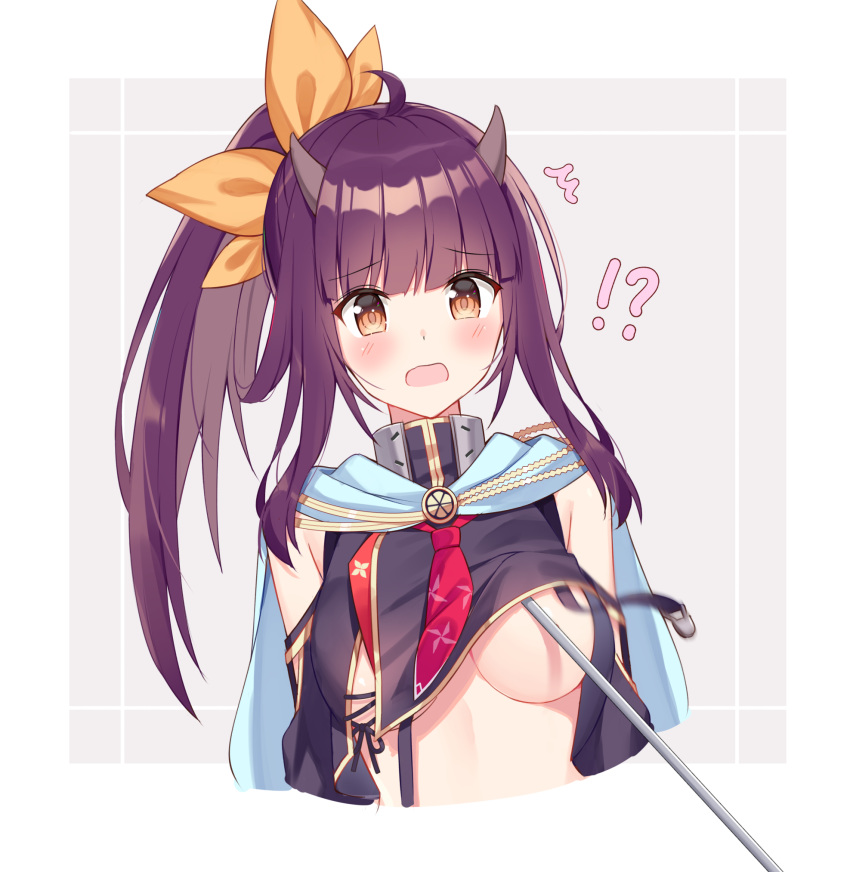 !? 1girl ahoge azur_lane bare_shoulders black_shirt breasts brown_eyes cape crop_top crop_top_overhang cropped_torso hair_ribbon highres horns isuzu_(azur_lane) long_hair looking_at_viewer medium_breasts motion_blur necktie open_mouth ponytail purple_hair retrofit_(azur_lane) ribbon shirt short_necktie shoulder_cutout solo stomach suspenders t@ke-g