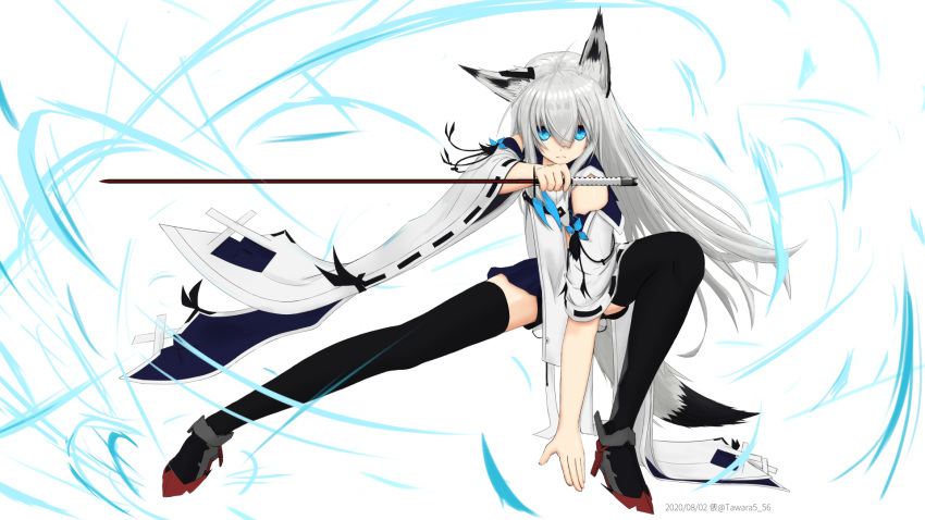 1girl animal_ears azur_lane bangs black_legwear black_sailor_collar blue_eyes blue_neckwear crossed_bangs detached_sleeves fox_ears fox_girl gray_fox highres holding holding_sword holding_weapon kawakaze_(azur_lane) kome5-56 long_hair metal_gear_(series) metal_gear_solid object_namesake parody ribbon-trimmed_clothes ribbon-trimmed_sleeves ribbon_trim sailor_collar sword thighhighs weapon