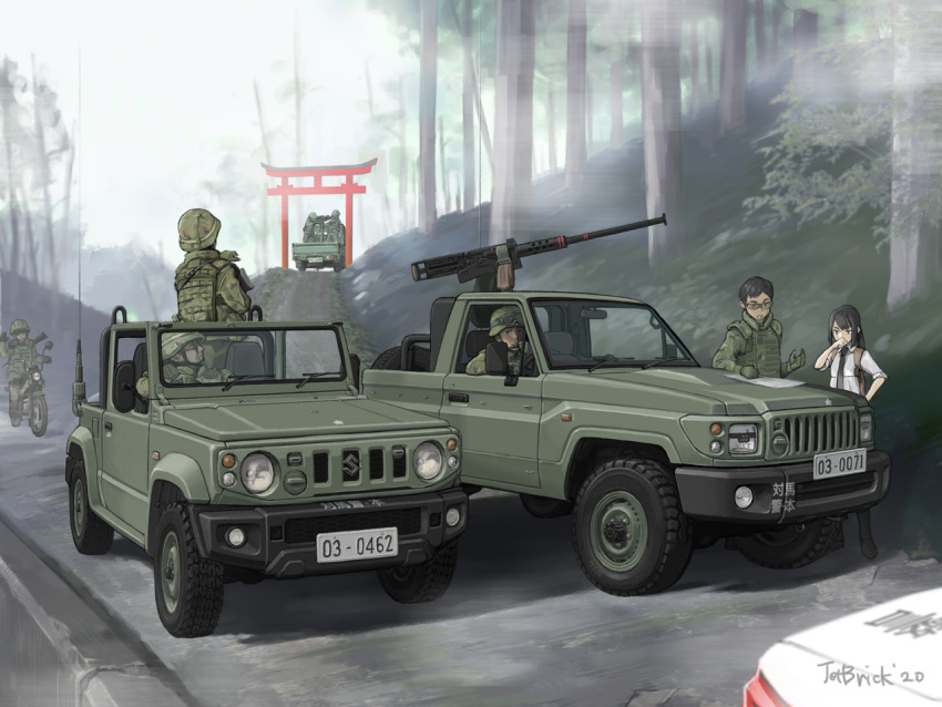 1girl 4boys ground_vehicle gun jeep jettoburikku military military_uniform military_vehicle motor_vehicle multiple_boys original torii truck uniform vehicle_focus weapon