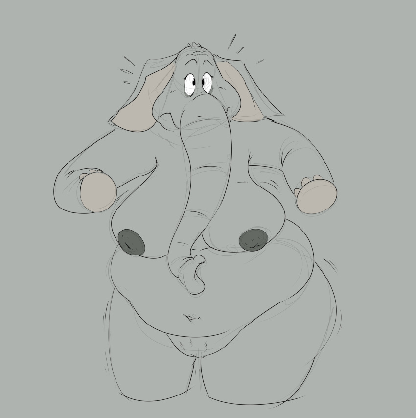 absurd_res anthro big_breasts breasts elephant elephantid eyelashes female genitals grey_background grey_body hi_res hooves inverted_nipples jodero mammal muffin_top navel nipples overweight overweight_female proboscidean proboscis_(anatomy) pussy simple_background solo surprise thick_thighs trunk_(anatomy)