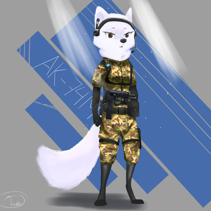 1:1 2020 absurd_res anthro arctic_fox black_nose camo canid canine clothed clothing female fox full-length_portrait fully_clothed fur gun headgear headphones headset hi_res mammal portrait ranged_weapon signature simple_background solo standing tieradler weapon white_body white_fur