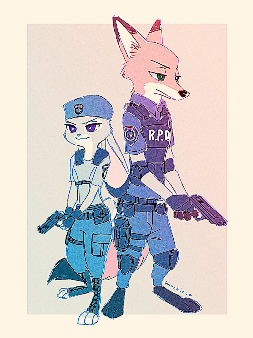 2020 3:4 anthro bad_trigger_discipline border bulletproof_vest canid canine capcom clothed clothing disney duo ears_down fox fully_clothed fur gradient_background green_eyes grey_body grey_fur hat headgear headwear hi_res holding_gun holding_object holding_weapon judy_hopps lagomorph leporid mammal mochicco nick_wilde orange_body orange_fur pivoted_ears police_uniform purple_eyes rabbit red_fox resident_evil simple_background smile standing uniform video_games weapon white_border zootopia