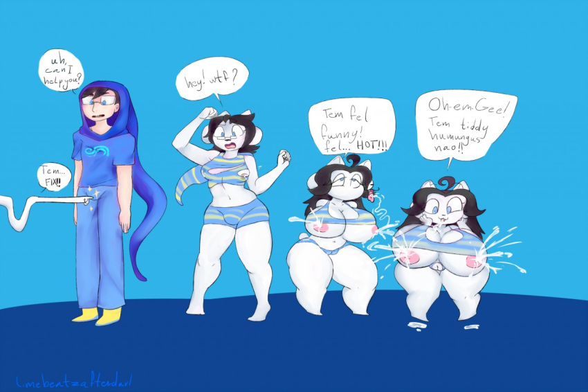 2018 anthro breast_growth breasts disembodied_hand duo female gender_transformation hair homestuck human human_to_anthro john_egbert limebeatzafterdark male mammal ms_paint_adventures mtf_transformation sequence simple_background solo_focus species_transformation tem temmie_(undertale) transformation undertale video_games webcomic white_body