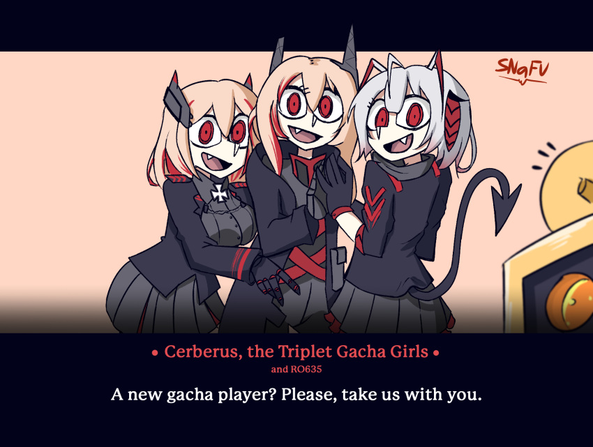 3girls arknights azur_lane bangs cerberus_(helltaker) commentary creator_connection crossover girls_frontline hair_between_eyes headgear helltaker highres jacket long_hair m4_sopmod_ii_(girls_frontline) multicolored_hair multiple_crossover multiple_girls open_mouth pink_hair red_eyes red_hair ro635_(dinergate) roon_(azur_lane) smile snafu streaked_hair vanripper_(style) w_(arknights)