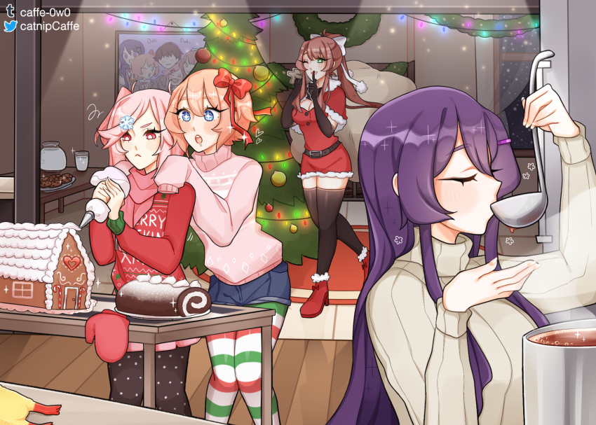 +_+ 4girls :&lt; :o bangs beige_sweater belt black_gloves black_legwear blue_eyes bow brown_hair caffe0w0 capelet casual christmas christmas_tree closed_eyes clothes_writing commentary cookie cooking doki_doki_literature_club elbow_gloves english_commentary finger_to_mouth food gloves green_eyes hair_between_eyes hair_bow hair_ornament hair_ribbon hairclip hands_on_another's_shoulders highres icing indoors ladle legwear_under_shorts long_hair long_sleeves milk monika_(doki_doki_literature_club) multiple_girls natsuki_(doki_doki_literature_club) pantyhose pastry pink_eyes pink_hair pink_scarf pink_sweater ponytail purple_hair red_bow red_sweater ribbed_sweater ribbon sack santa_costume santa_dress sayori_(doki_doki_literature_club) scarf short_hair short_shorts shorts shushing sleeves_past_fingers sleeves_past_wrists snowflake_hair_ornament steam striped striped_legwear sweater swept_bangs table tasting thighhighs turtleneck turtleneck_sweater white_ribbon wooden_floor yuri_(doki_doki_literature_club)