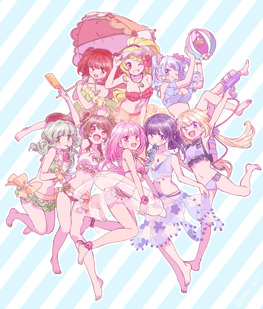 6+girls :d akino_kaede alternate_costume alternate_hairstyle aqua_nails arm_up armpits ball bangs bare_arms bare_legs bare_shoulders barefoot beachball beige_bikini bikini black_hair blonde_hair blue_bikini blue_nails blunt_bangs bottle bracelet breasts brown_hair candy cleavage clothes_around_waist clothes_grab commentary_request criss-cross_halter cup curly_hair drink drinking drinking_straw eyewear_on_head flower food frilled_bikini frills full_body futaba_sana green_bikini green_hair green_nails hair_flower hair_ornament half-closed_eyes halter_top halterneck happy hibiscus high_ponytail highres holding holding_umbrella jewelry jumping knees_together_feet_apart large_breasts leg_up legs_together legs_up lifebuoy lineup looking_to_the_side looking_up low_ponytail magia_record:_mahou_shoujo_madoka_magica_gaiden mahou_shoujo_madoka_magica medium_breasts minami_rena mitsuki_felicia multiple_girls nanami_yachiyo navel one_eye_closed open_mouth orange_bikini orange_flower orange_nails orange_scrunchie outline paru_rari pink_bikini pink_eyes pink_flower pink_hair pink_nails plaid plaid_bikini polka_dot polka_dot_bikini popsicle purple_bikini purple_eyes red_eyes red_hair red_nails ribbon scrunchie see-through short_hair side_ponytail sidelocks small_breasts smile soles soul_gem stomach strapless strapless_bikini striped striped_background striped_bikini sunglasses sweets swimsuit tamaki_iroha thigh_gap thighs tied_hair toenails togame_momoko tropical_drink two_side_up umbrella v-shaped_eyebrows water_bottle water_gun white-framed_eyewear white_outline yellow_nails yellow_ribbon yui_tsuruno