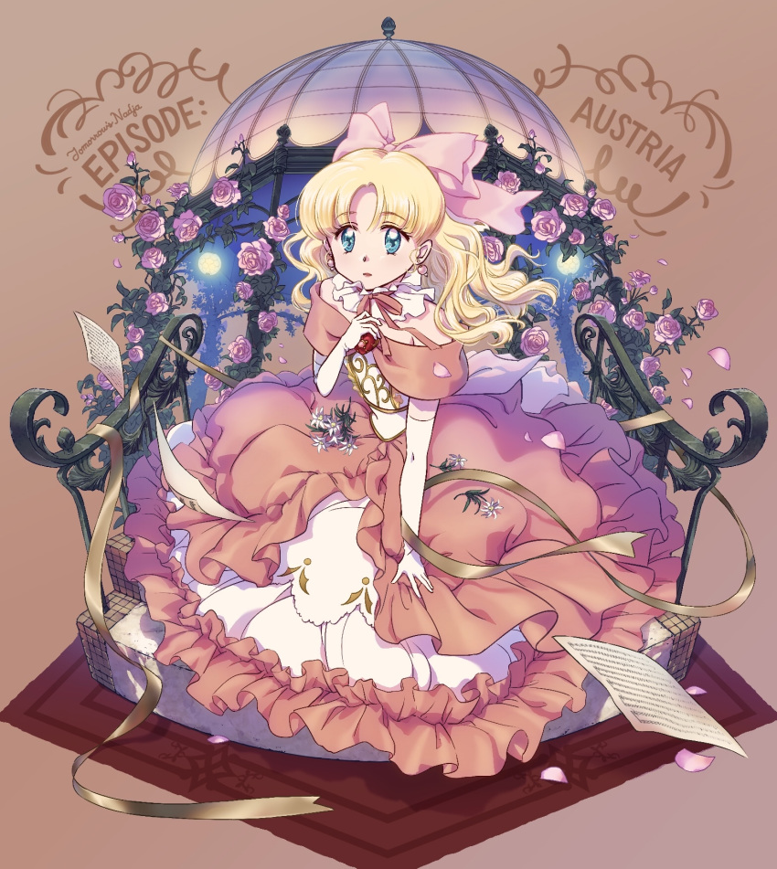 1girl ashita_no_nadja austria bangs blonde_hair blue_eyes bow brown_background closed_mouth commentary copyright_name dress elbow_gloves english_text eyebrows_visible_through_hair flower frilled_dress frills gloves hair_bow highres kuwabara_(mola_8) layered_dress long_dress looking_at_viewer nadja_applefield off-shoulder_dress off_shoulder parted_bangs pink_bow pink_dress pink_flower sheet_music simple_background sitting solo stairs white_gloves