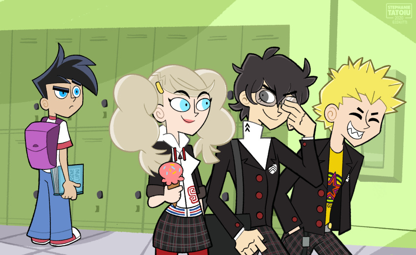 1girl 3boys ^_^ amamiya_ren black_eyes blonde_hair blue_eyes book closed_eyes confused crossover danny_fenton danny_phantom ecokitti english_commentary food glasses highres holding holding_book ice_cream multiple_boys parody persona persona_5 sakamoto_ryuuji sharp_teeth style_parody takamaki_anne teeth