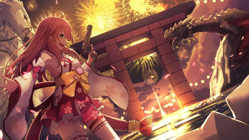1girl absurdres ahoge ark_survival_evolved bell bow breasts cloud cloudy_sky commentary cowboy_shot detached_sleeves dragon fireworks floral_print green_eyes gun handgun highres hip_vent holding holding_gun holding_weapon hololive long_hair looking_at_viewer medium_breasts miniskirt monster namako_(namacotan) nontraditional_miko open_mouth outdoors outstretched_arm pink_hair red_skirt sakura_miko sideboob skirt sky smile solo thighhighs thighs torii virtual_youtuber weapon white_legwear wide_sleeves yellow_bow