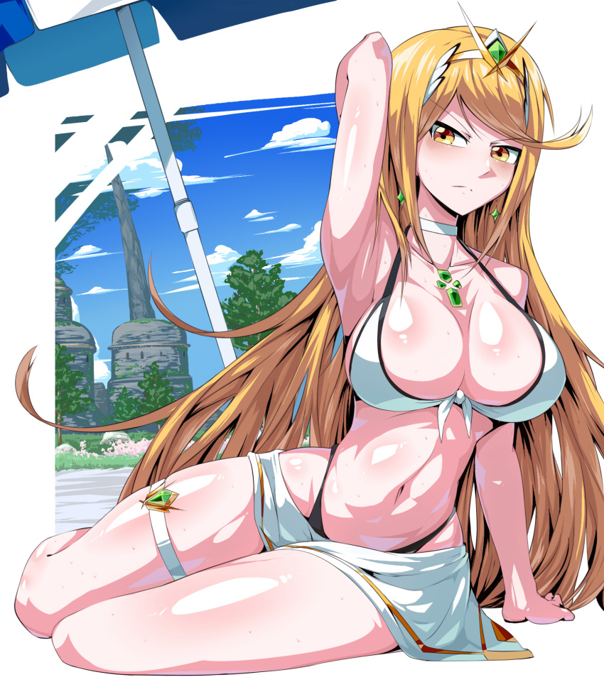 1girl arm_support arm_up armpits bangs blonde_hair blush body_blush breasts cleavage closed_mouth collarbone commentary_request earrings eyebrows_visible_through_hair frown highres hikari_(xenoblade_2) jewelry large_breasts long_hair navel seiza shimure_(460) shiny shiny_hair shiny_skin sitting solo swept_bangs swimsuit tiara umbrella very_long_hair xenoblade_(series) xenoblade_2 yellow_eyes