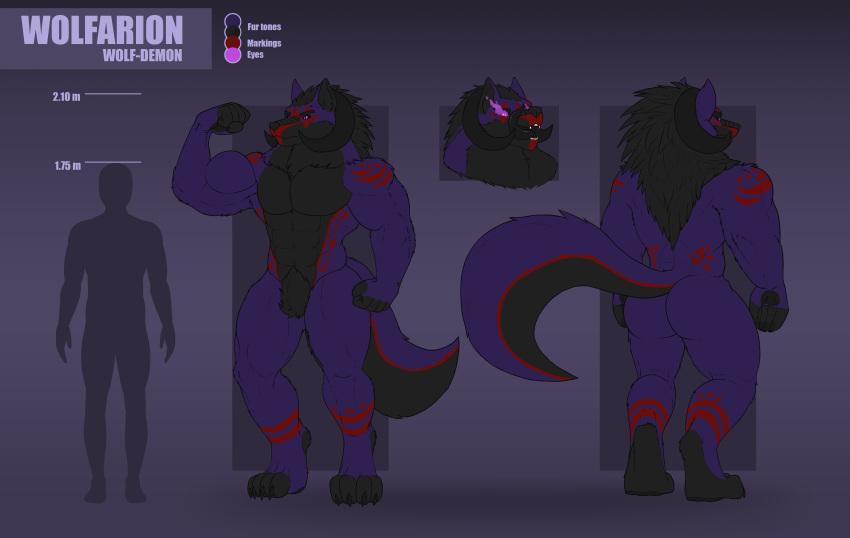 abs absurd_res anthro back_muscle black_body black_nose black_tongue butt canid canine canis claws demon fire_eyes fluffy fluffy_hair fluffy_tail gradient_background hair headshot_portrait hi_res horn hybrid male mammal markings model_sheet muscular muscular_anthro muscular_male portrait purple_body purple_eyes red_markings simple_background size_difference smile solo standing teeth tongue tongue_out wolf wolfarion wolfarion_(character)