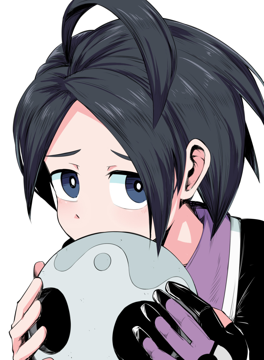 1boy ahoge black_hair blue_eyes collared_shirt commentary_request covering_mouth gloves gym_leader highres holding holding_mask male_focus mask onion_(pokemon) partly_fingerless_gloves pokemon pokemon_(game) pokemon_swsh shimure_(460) shirt shy simple_background single_glove solo upper_body white_background