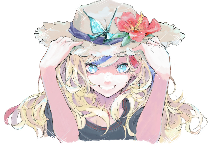 1girl bangs black_shirt blonde_hair blue_eyes blue_hair commandant_teste_(kantai_collection) flower grin hat hat_flower hibiscus kantai_collection long_hair multicolored_hair red_flower red_hair rureizi shirt short_sleeves simple_background smile solo sparkle straw_hat streaked_hair upper_body white_background