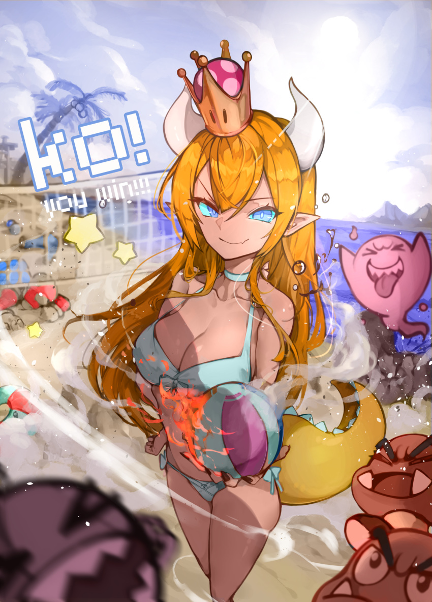 absurdres ball beach beach_volleyball bikini blonde_hair blue_bikini blue_eyes boo bowsette chain_chomp dokuro_deluxe goomba highres horns mario mario_(series) new_super_mario_bros._u_deluxe pointy_ears super_crown swimsuit tail