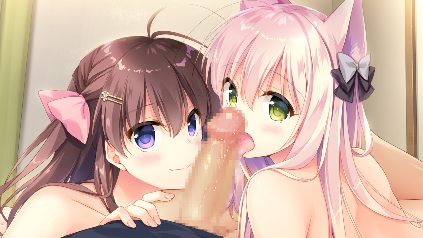 2girls animal_ears blush brown_hair censored close fellatio foxgirl game_cg green_eyes kagaya_kana kemono_musume_no_sodatekata long_hair motomiya_mitsuki penis pink_hair purple_eyes sakuraba_iroha sweet&amp;tea