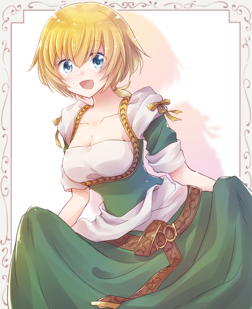 1girl :d absurdres arte arte_(character) blonde_hair blue_eyes breasts cleavage dress green_dress hair_between_eyes highres looking_at_viewer medium_breasts nyaa_(nnekoron) open_mouth short_ponytail short_sleeves simple_background skirt_hold smile solo standing