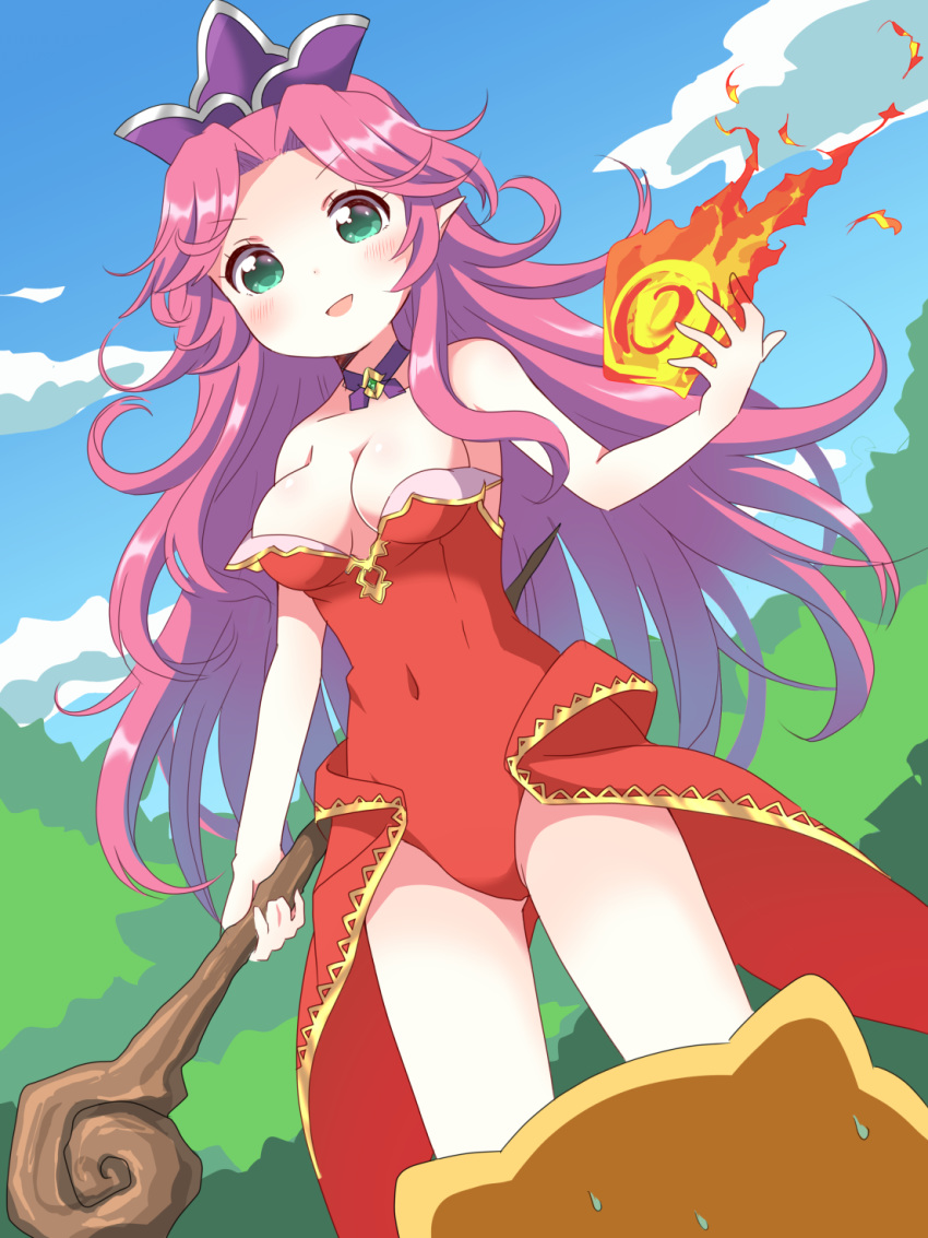 1girl :d angela_(seiken_densetsu_3) bare_shoulders blue_sky blush breasts choker cleavage cloud covered_navel eyebrows_visible_through_hair fire gold_trim green_eyes hat highres holding holding_staff leotard long_hair looking_at_another magic medium_breasts open_mouth outdoors pointy_ears purple_choker purple_hair purple_headwear rabite red_leotard seiken_densetsu seiken_densetsu_3 sky smile staff standing sweat usagi_koushaku