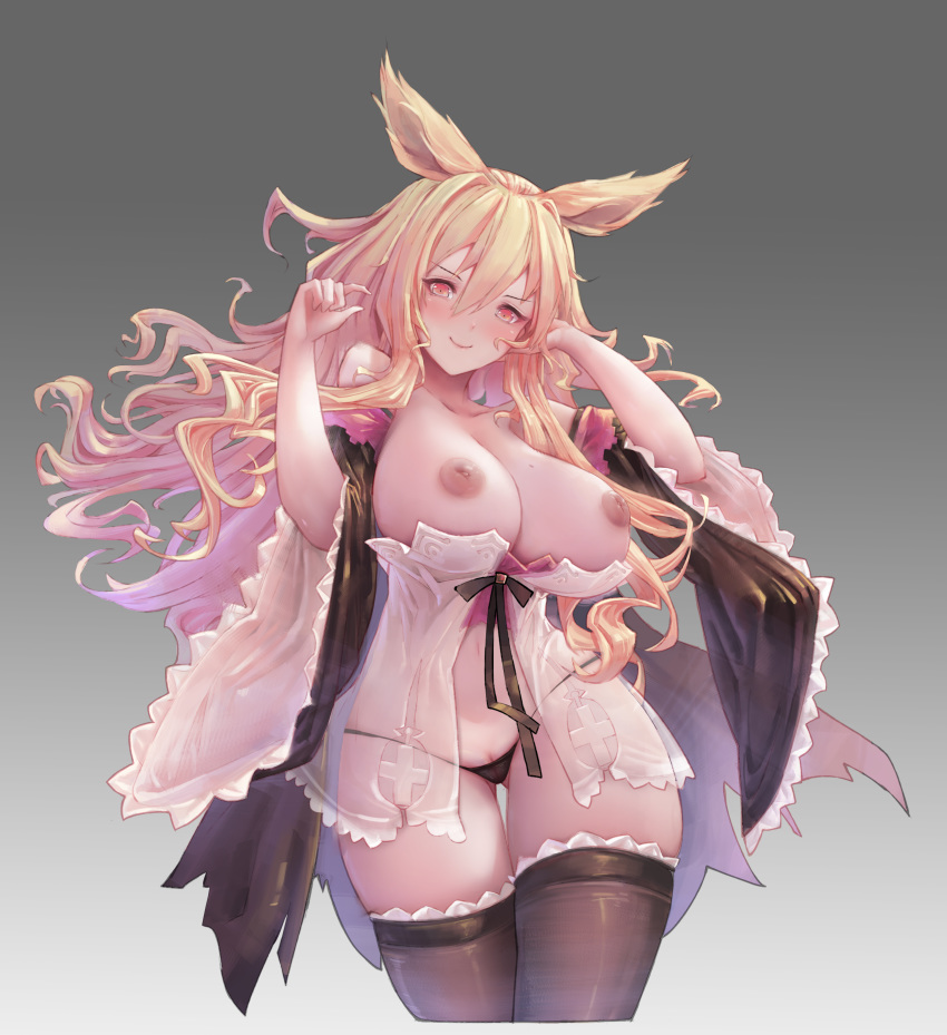 1girl absurdres animal_ears bare_shoulders black_legwear black_ribbon blonde_hair breasts closed_mouth collarbone commentary_request detached_sleeves dorothy_(shingeki_no_bahamut) eyebrows_visible_through_hair gradient gradient_background grey_background hair_between_eyes hands_up highres huge_filesize inverted_nipples large_breasts long_hair looking_at_viewer navel red_eyes ribbon shadowverse shingeki_no_bahamut smile solo thighhighs wide_sleeves xionghan_de_guangtou