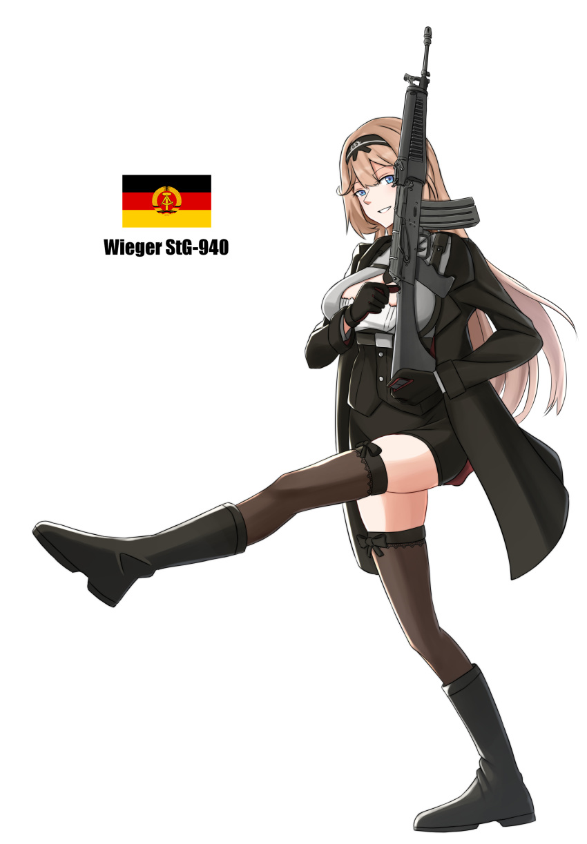 1girl absurdres assault_rifle belt black_footwear black_gloves black_jacket black_legwear black_shorts blazer blonde_hair blue_eyes boots character_name cyka east_german eyebrows_visible_through_hair girls_frontline gloves gun hairband hand_on_weapon highres holding holding_weapon jacket long_hair looking_at_viewer military rifle shorts smile solo stg-940_(girls_frontline) thighhighs truth weapon white_background wieger_stg-940